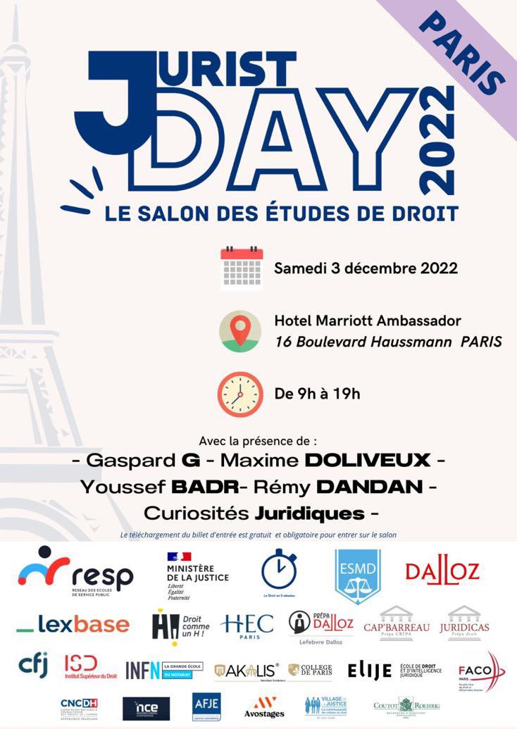 JURIST DAY 

Ce samedi 3/12, les étudiants du M2 Droit #notarial de <a href="/UParisNanterre/">Université Paris Nanterre</a> seront présents à la #Juristday pour vous présenter leur formation ! 

Entrée gratuite ! 
🎟️ lien de la billetterie : lnkd.in/eJqxiBp6
