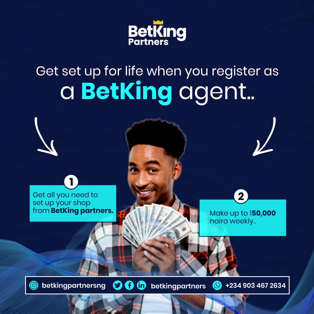 BetkingPartners's tweet photo. The single step of registering as an agent is the one that catapults you into an era of financial independence. Visit the website today to check your eligibility and get set up, for life!

#betking #betkingpartners #betting #sports #football #sportsbetting https://t.co/feJRIqzUWJ