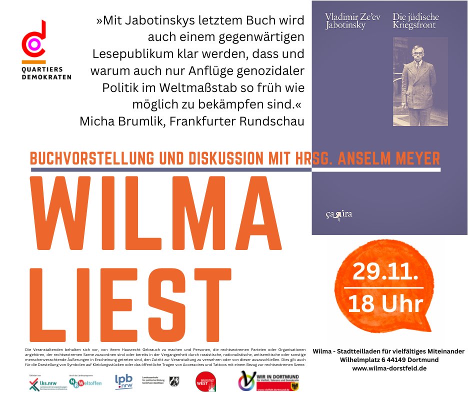qd_dorstfeld's tweet photo. Morgen gibt es die nächste spannende Veranstaltung: Co-Herausgeber Anselm Meyer stellt das Buch "Die jüdische Kriegsfront" am Dienstag, 29.11. um 18 Uhr im Stadtteilladen ´wilma´ vor.
#noantisemitism #nonazisdo #nonazis https://t.co/NsoUnPA36y