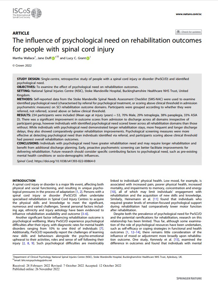 Delighted to see the publication of <a href="/NSICStokeMand/">The National Spinal Injuries Centre</a> <a href="/BucksHealthcare/">Buckinghamshire Healthcare NHS Trust</a> data on the crucial role of psychological screening for facilitating improvements in rehabilitation outcome and why screening rather than referral models are needed for #spinalcordinjury <a href="/LucyC_Grant/">Lucy C Grant</a>