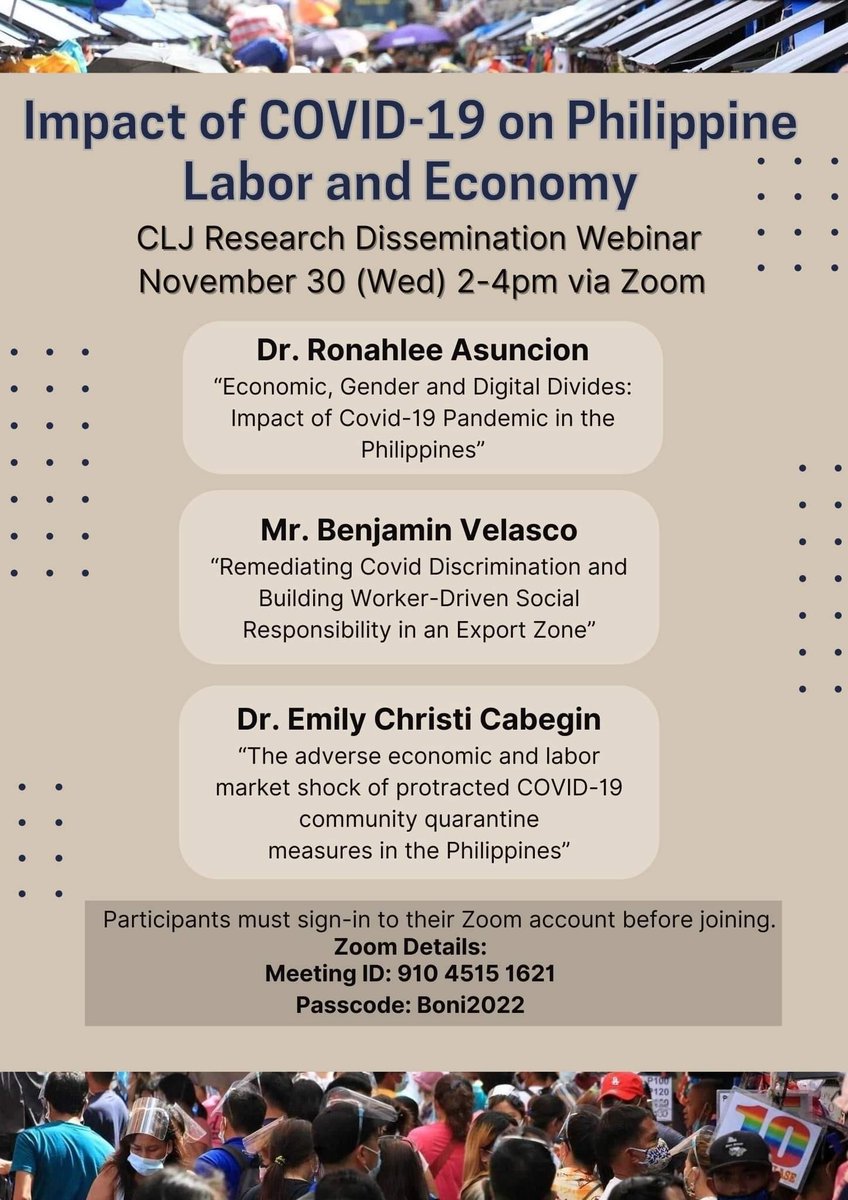 Official_UPD's tweet photo. The UP Diliman School of Labor and Industrial Relations Center for Labor Justice will hold the webinar “Impact of COVID-19 on Philippine Labor and Economy” on November 30, 2-4 p.m., via Zoom.

Join the webinar through its meeting ID: 910 4515 1621, and passcode: Boni2022. https://t.co/SC4yssmITg