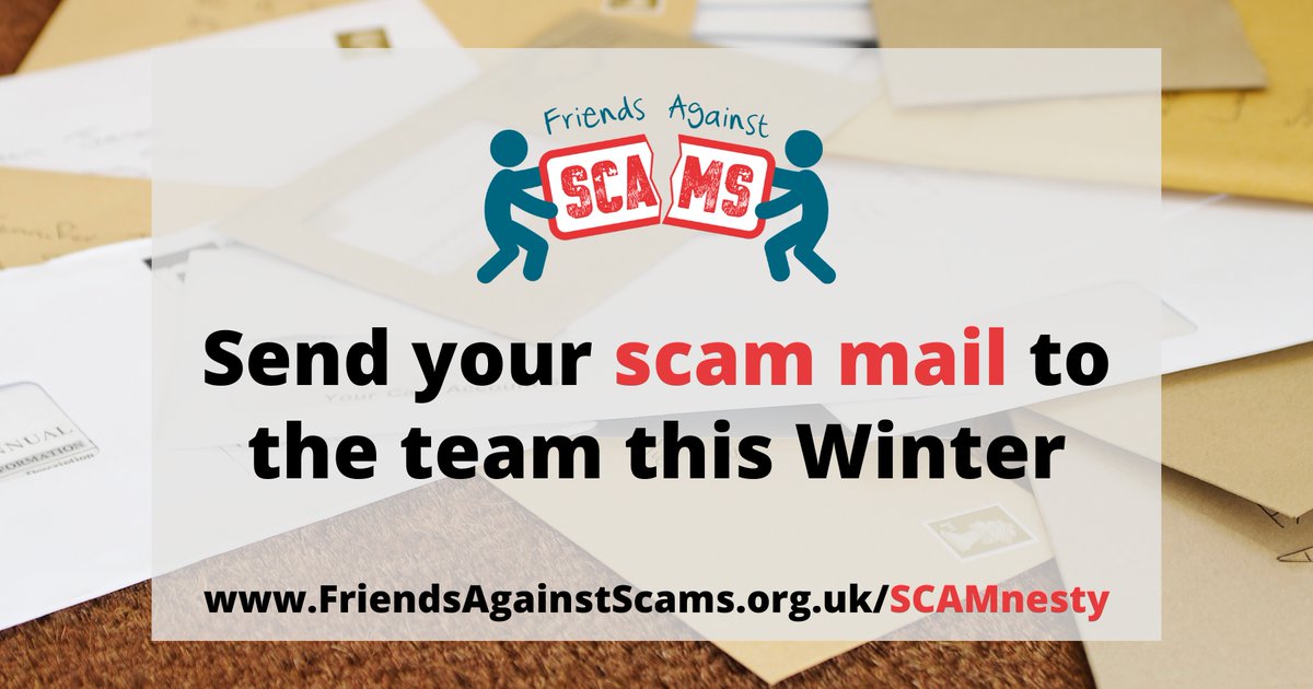 AgainstScams's tweet photo. ✉️ For the last few years, we've run a #SCAMnesty campaign to encourage everybody to send our team their suspected scam mail! 

We have a Freepost mailbox where you can send any scam mail free of charge to help with our investigations! ➡️ https://t.co/kcGLyOPYMe #ScamAware https://t.co/9KKQ9oHNSY