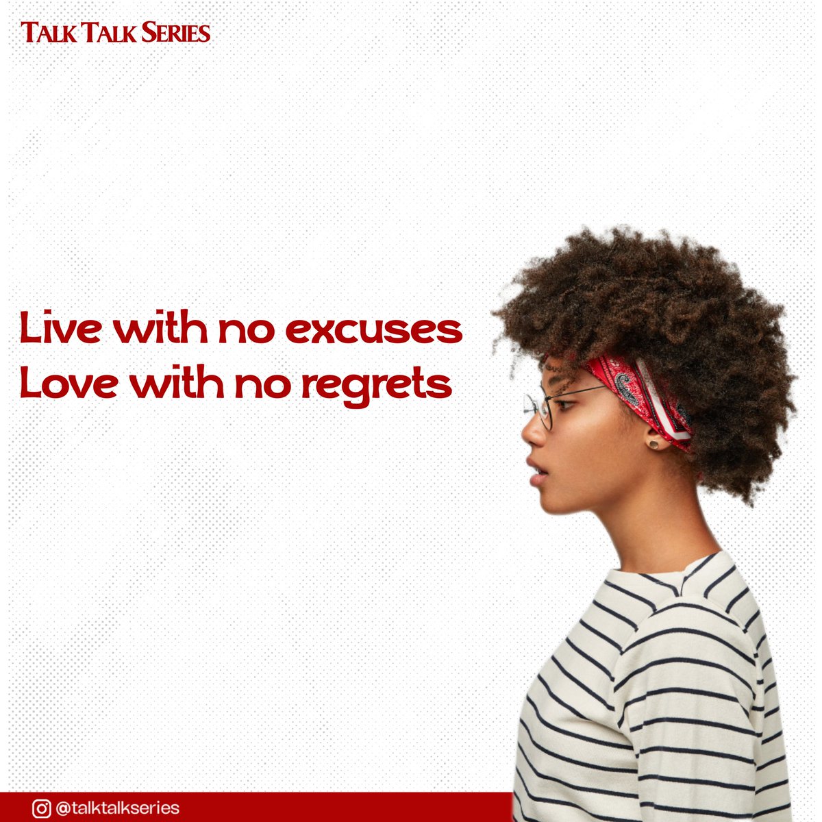 talk_series's tweet photo. How many times have you wished you had done something differently?
It’s never too late to start living your best life. Use these tips to help you live with no excuses and love with no regrets.
#talktalkseries
#live
#love
#focusonpresent
#focusonfuture
#focusonyourself https://t.co/vNxTb15ptG