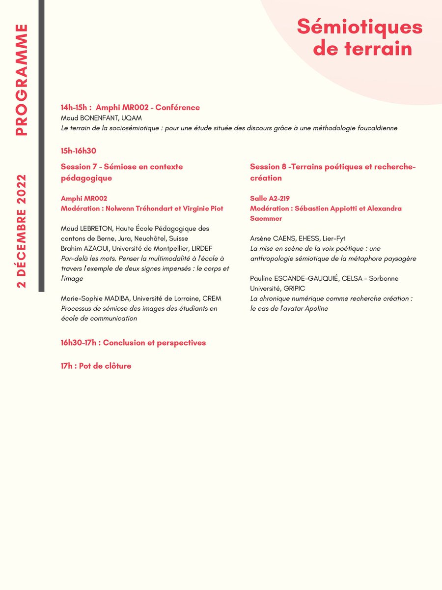 Le colloque international "Sémiotiques de terrain" aura lieu les 1 et 2 décembre prochain à la Maison de la recherche de Université Paris VIII Vincennes - Saint-Denis. 
Vous êtes les bienvenu-es !