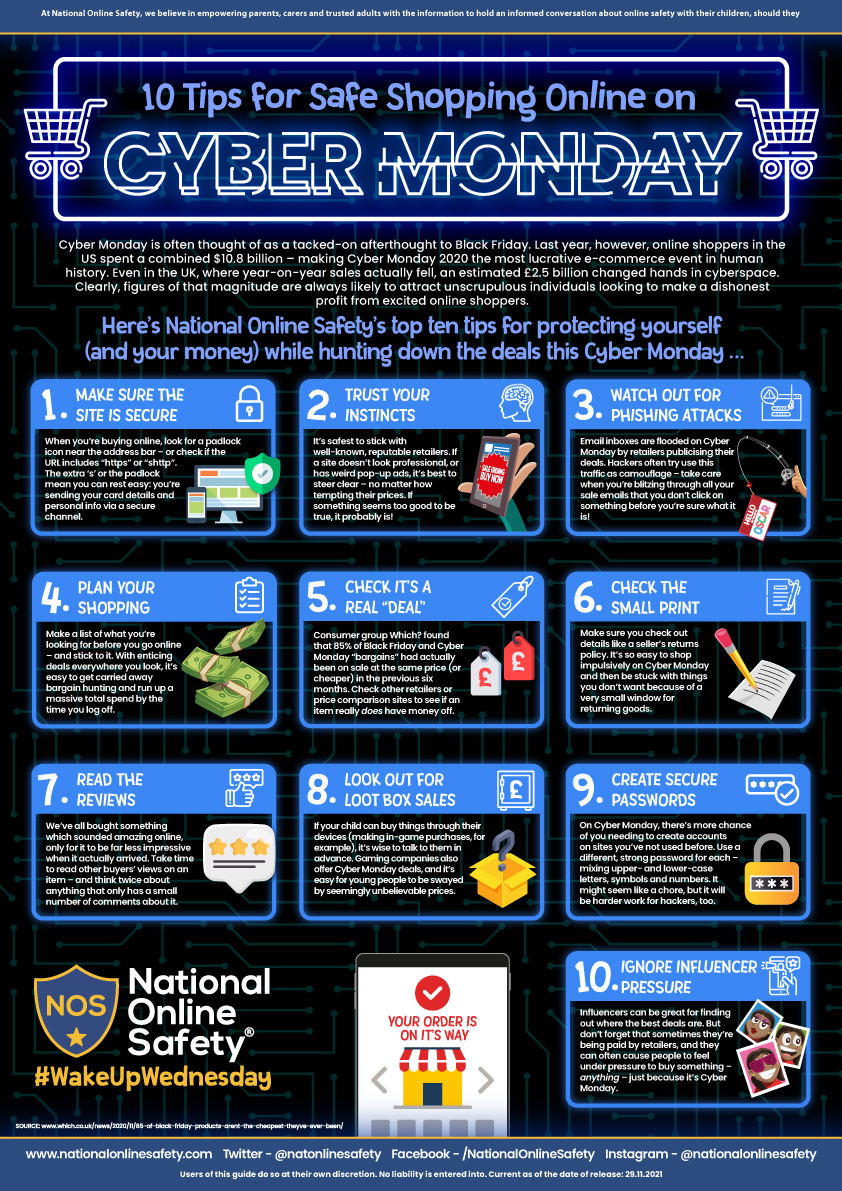 Shop savvy this #CyberMonday! 💻🛡

Fraudsters and hackers pose an increased #OnlineSafety threat on a major day for e-commerce. Our #WakeUpWednesday guide has essential tips for avoiding the pitfalls as you track down the bargains! 🛒

Download >> bit.ly/3hR3Vkc