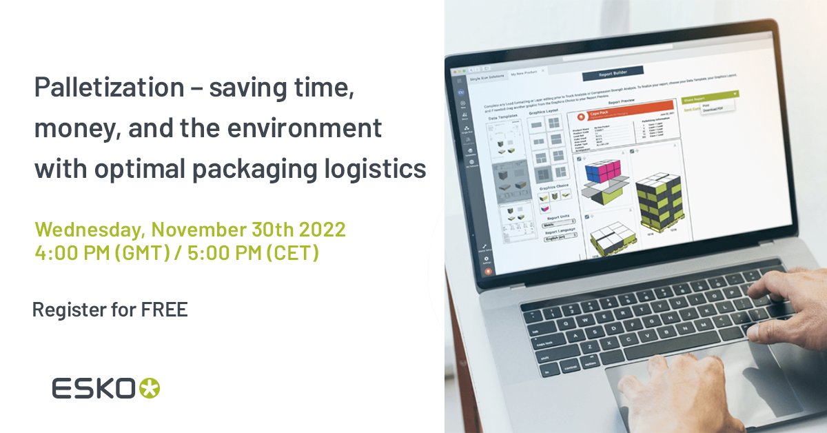 Eskocompany's tweet photo. Are you ready for #palletization in 2023? Join our LIVE webinar on Wednesday, when speakers from Great Northern Corporation will join Esko experts to discuss how the right palletization software can help YOU drive #efficiency and reduce costs in 2023.https://t.co/Q8Dxh2mLEv https://t.co/rYGRwhB4Mm
