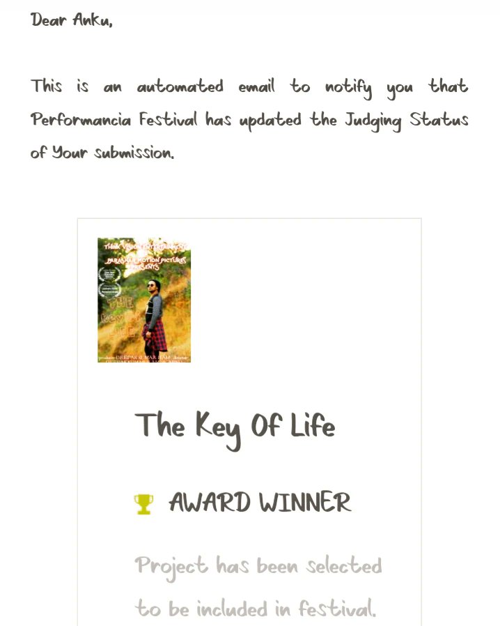 AnkuParasharArt's tweet image. The great news about 'The Key Of Life` have winning  in two catagory from #Performanciafestival portugal as  BEST PARFORMANCE &amp;amp; BEST PERFORMANCIA
 on @wfcn_1
 visit for more👉 wfcn.co/festival/perfo… 
#shortfilm #thekeyoflife #ankuparashar #parasharmotionpictures_present #cinema