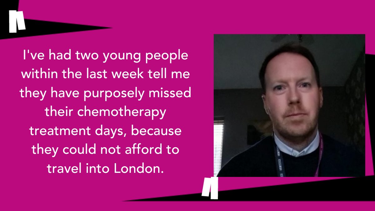 Some of the young people Young Lives vs Cancer social worker Lee supports cannot pay for their travel to hospital for treatment. 

We launched our Crisis Fund to help young people manage the rising costs of cancer. Any donations can make a huge difference: bit.ly/3GM21fd