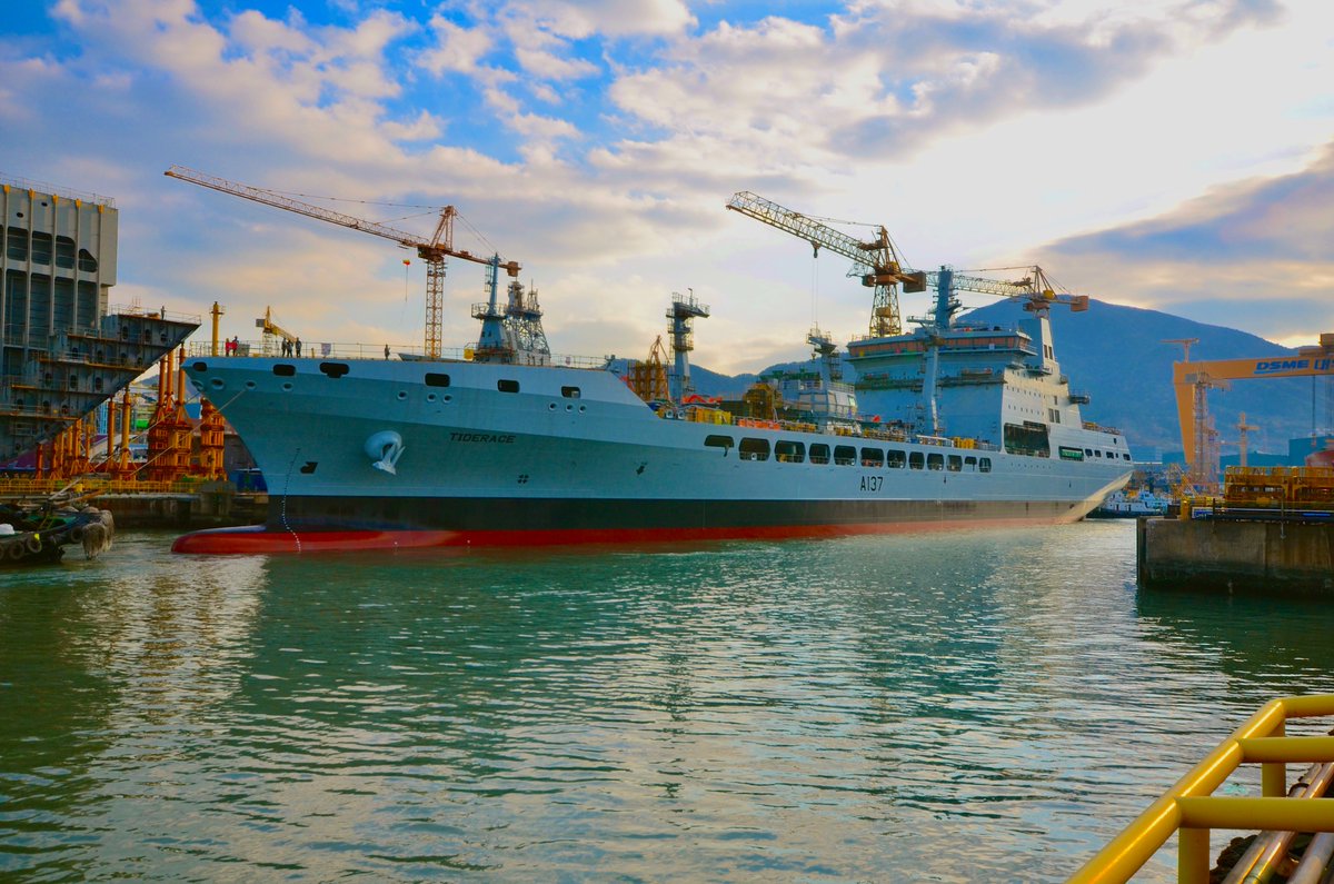 OTD 7 years ago 7045 aka @RFATiderace if floated out from Building Dock No.2, Okpo 🇰🇷. This is the equivalent of the old dynamic launch from a slipway and the naming ceremony is towards the end of fitting out. #TIDEsAreHere