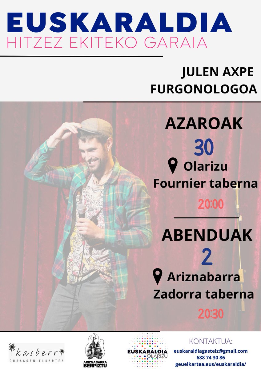Euskaraldiaren azken egunetan sartzen hasiak gara baina auzoak girotzeko jarduerak dauzkagu aurretik! 

Barre batzuk botatzeko Axpe izango dugu gurean, bi auzotan gainera!

Ariznabarrako emanaldiaren aforoa mugatua izango da. Beraz ikustera joan nahi izanez gero idatziguzue!