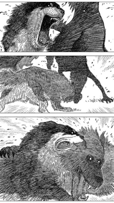 「銅(あかがね)の百尺口」(30/34)
巨大な妖怪狼と死闘を繰り広げる番犬・ハサルとバサル。やはり犬は頼もしい。そして霧が晴れるとともに悪夢のような時間は終わり……
#漫画が読めるハッシュタグ #中国漫画 #草原志怪 