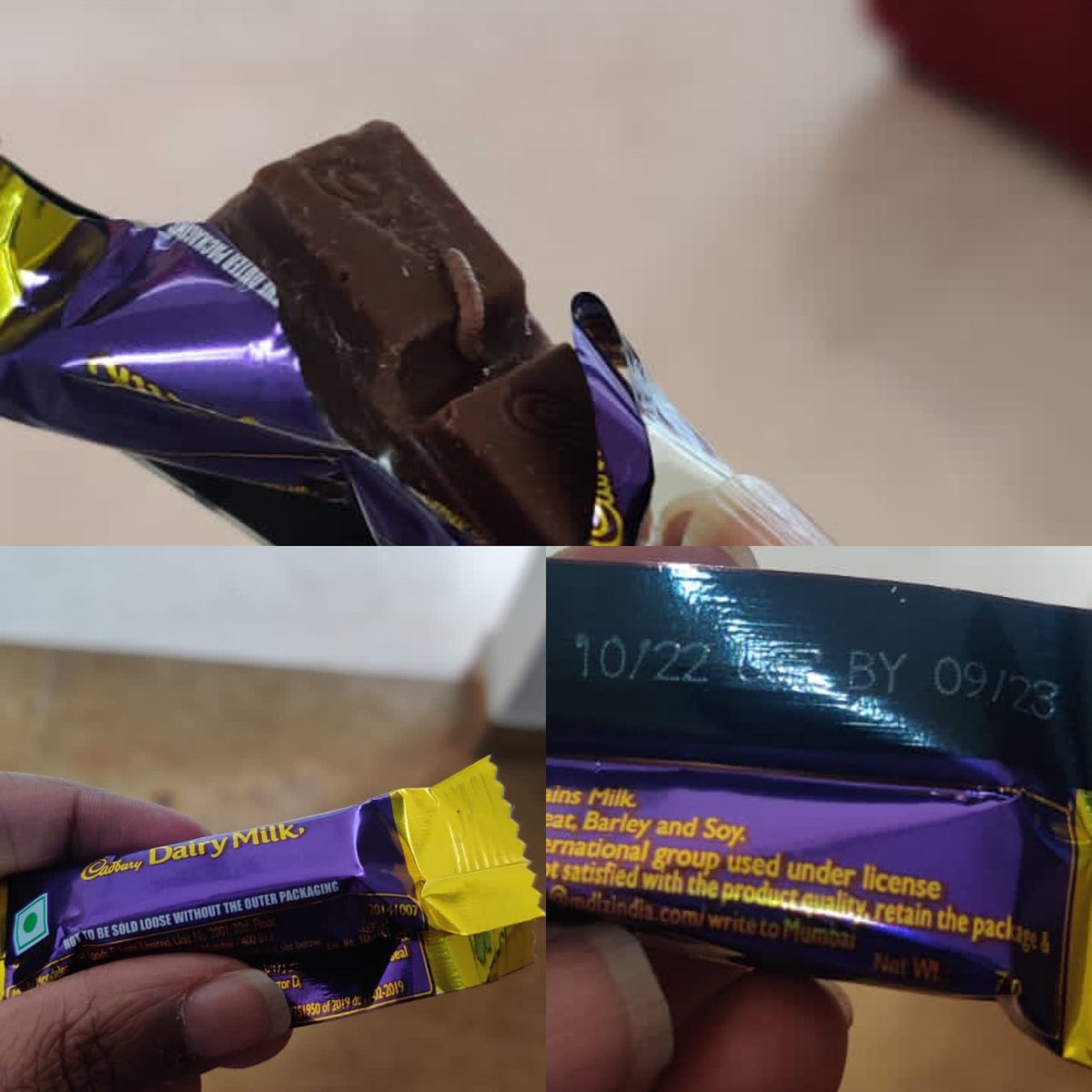 SaiOnLife's tweet photo. @DairyMilkIn 
How dare you!!!

A live worm found inside a recently bought pack of your mini confectioneries. 
As you can see the date of expiry is about a year away yet a worm has managed to sneak into an air sealed packet !
You are answerable for this ignorance!! https://t.co/rpxmmFJlEc