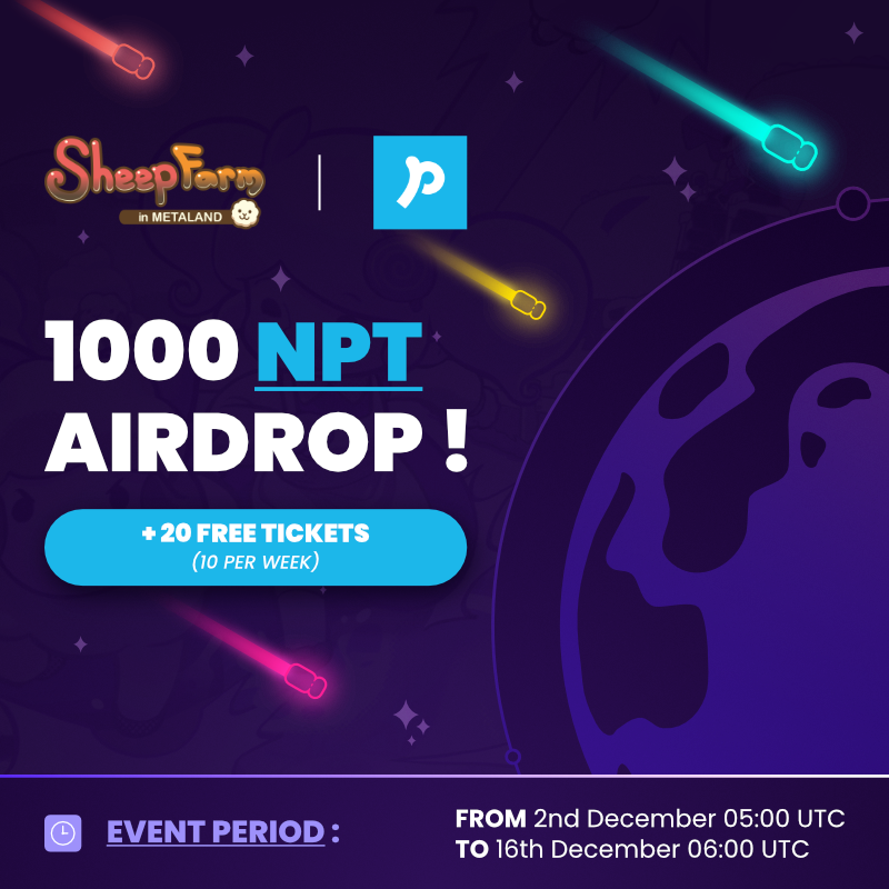 SheepFarmMeta's tweet photo. A betting ticket + NPT Token airdrop with @neopinofficial is on its way!
More details about this will be posted on Dec 2nd! Keep an eye on our announcement channels for updates!
@SheepFarmMeta @NeopinOfficial #Airdrop #Gleam #Sheepracing https://t.co/XcA8aWoihQ