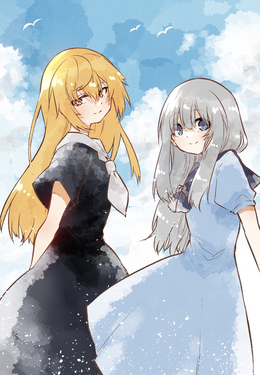 2girls multiple girls dress long hair blonde hair blue eyes grey hair  illustration images