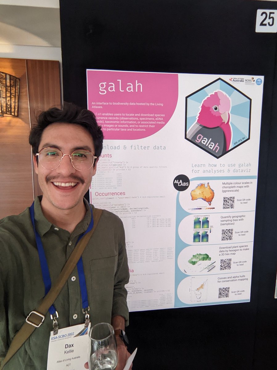 It's a {galah} party at #ESASCBO2022! 

🪩 Come see my 5-min talk tomorrow (Tues) at 11am (quantitative tools session)!
🎉 Check out this galah poster in your spare time!
🎈galah workshop on Friday with @westgatecology 
💃Grab a galah hex sticker at the @atlaslivingaust stand!