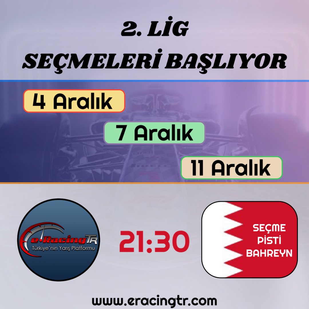 🔥2. LİG SEÇMELER 🔥

2.ligimiz başlıyor..!! Sen de katılmak istiyorsan hemen başvurunu yap bu heyecana ortak ol.

🥇4 Aralık 2022 Pazar
🥈7 Aralık 2022 Çarşamba
🥉11 Aralık 2022 Pazar

Başvuru: [ linktr.ee/eracingtr ]

#F1 | #F1espor | #F1GP