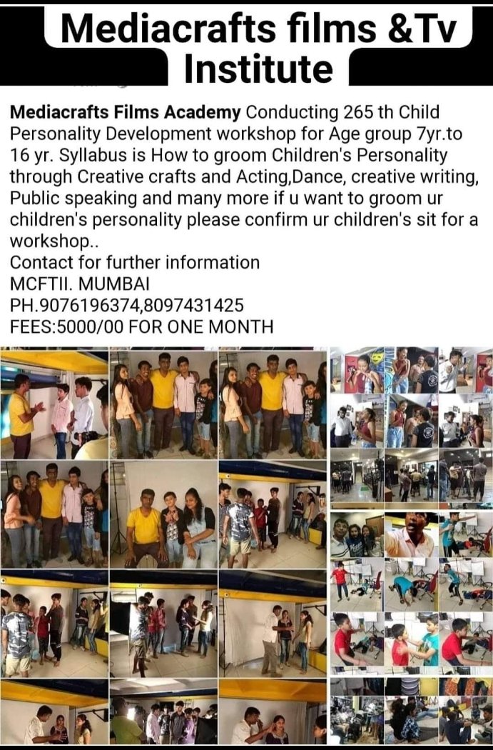 mediacrafts's tweet image. Mediacrafts films&amp;amp;Tv Institute going to worganise a Education Creative workshop for all childrens,
#remeberinglegendghafil #actingworkshop #modellingworkshop #explorepage #NSDExpressingtheRealHue #mcftii #bihariji #NewsUpdate #newstoday #childdevelopment