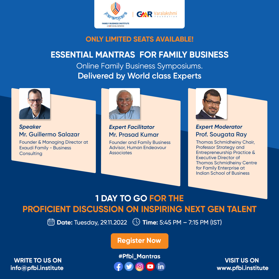 PFBIInstitute's tweet photo. Only a day to go for the PFBI's Online Symposium: 9 - Inspiring Next Gen Talent. Embrace opportunities whenever they arise, register now - https://t.co/vpUk8BGlKd
Visit https://t.co/KdjYINnxAb to know more.
#PFBI #FamilyBusiness #BuildingParamparas
@SougataRay10 https://t.co/9L3UWy29xs