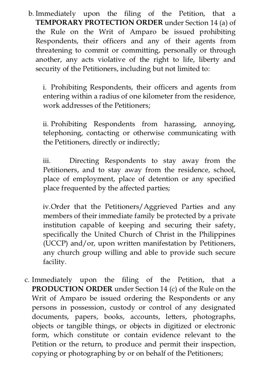 mikenavallo's tweet photo. Petitioners ask SC to immediately issue a writ of amparo and a temporary protection order prohibiting respondents from harassing petitioners and entering within 1-km radius from their residence or workplace. They ask that documents relevant to petition be produced. https://t.co/RW47rI6boO