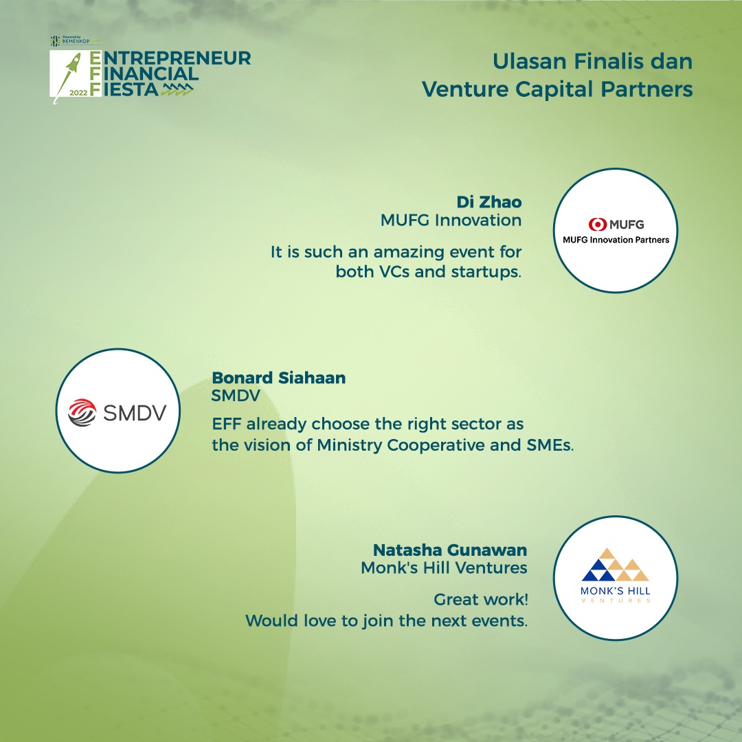 kemenkop_'s tweet photo. Setelah melewati startup showcase, 4 sesi pelatihan bersama para ahli dan sesi matchmaking bersama para Venture Capital Partners, kesepuluh startup telah selesai mengikuti rangkaian kegiatan EFF 2022.
#KemenKopUKM
#UMKMBangkit
#IndonesiaMaju
#EFF2022
#EFFStartup
#EFFKemenKopUKM https://t.co/FBray6wTMr