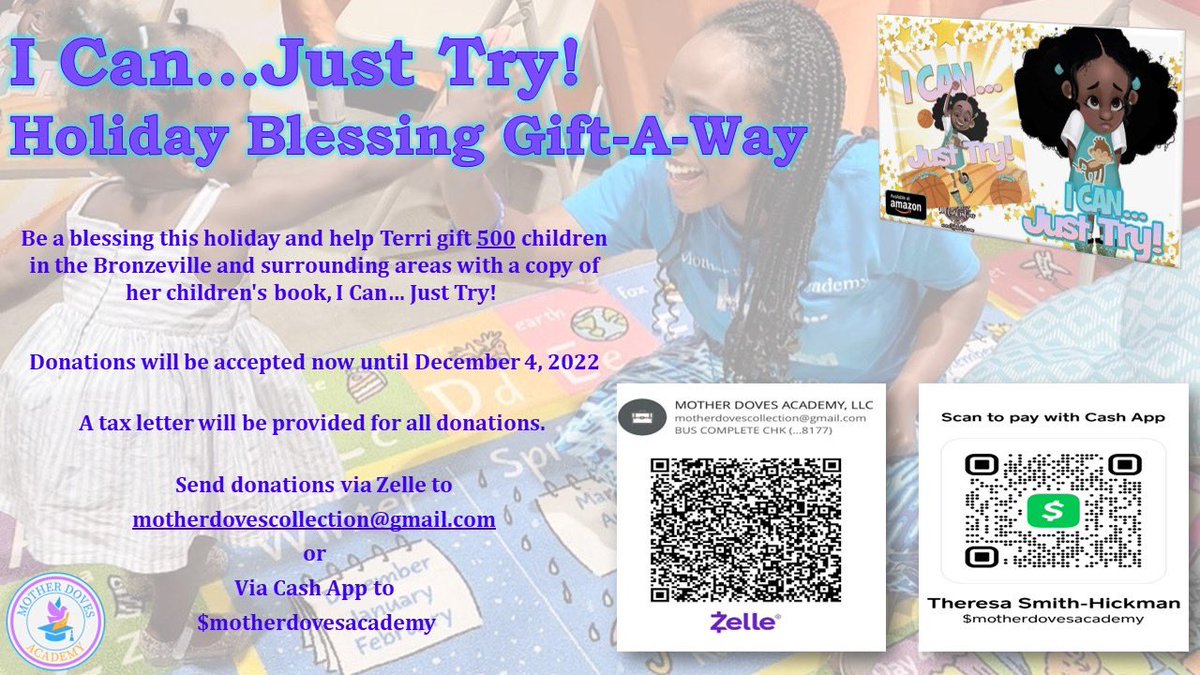 CYBER MONDAY Special:
Support the “I Can… Just Try!” Holiday Blessing Giftaway— purchase 5 books to be donated to be a blessing to children for the holiday season, receive a free T-shirt. #icanjusttry #blessingthechildren #holidayblessings #givethegiftofreading #childrensbooks