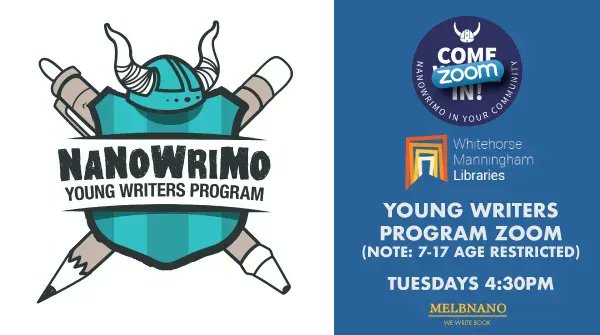 melbnonono's tweet photo. Are you one of our younger MelbNanoers? Do you know someone who is? Whitehorse Manningham Libraries are running weekly Zooms all November on Tuesdays to encourage budding young writers to get a running start!

They book out, but check here: https://t.co/SFH4UndTU9 https://t.co/BPGTSir543