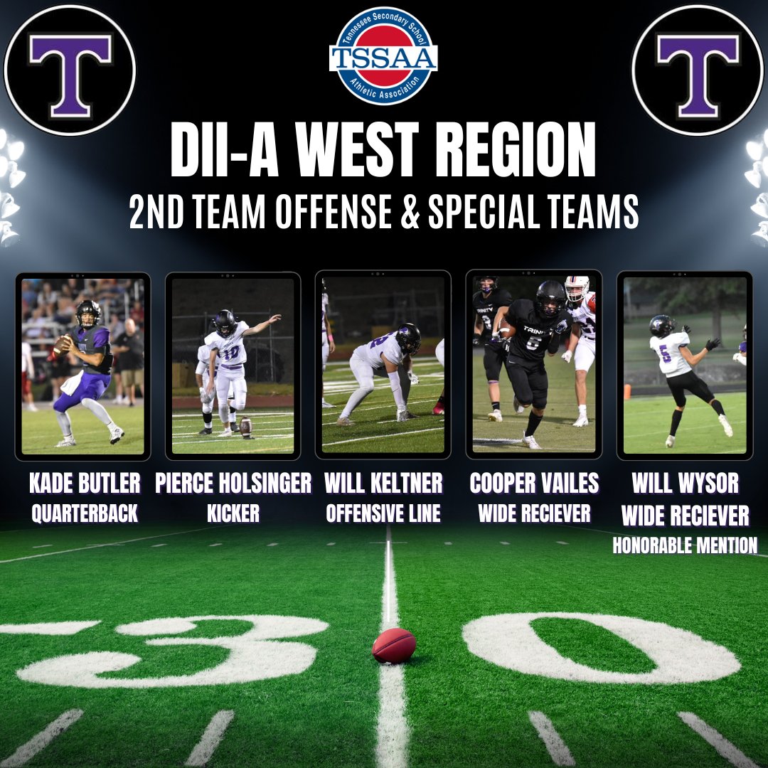 TCAAthletics's tweet photo. Congrats to @KadeButler2025, @wkeltner23, and Cooper Vailes for being named the TSSAA DII-A West Region Football 2nd Team Offense! Also, congrats to @PierceHolsinger for being named to 2nd Team Special Teams and @WillWysor for being an offensive Honorable Mention.

Go Lions!! https://t.co/QrLKf1CaFl