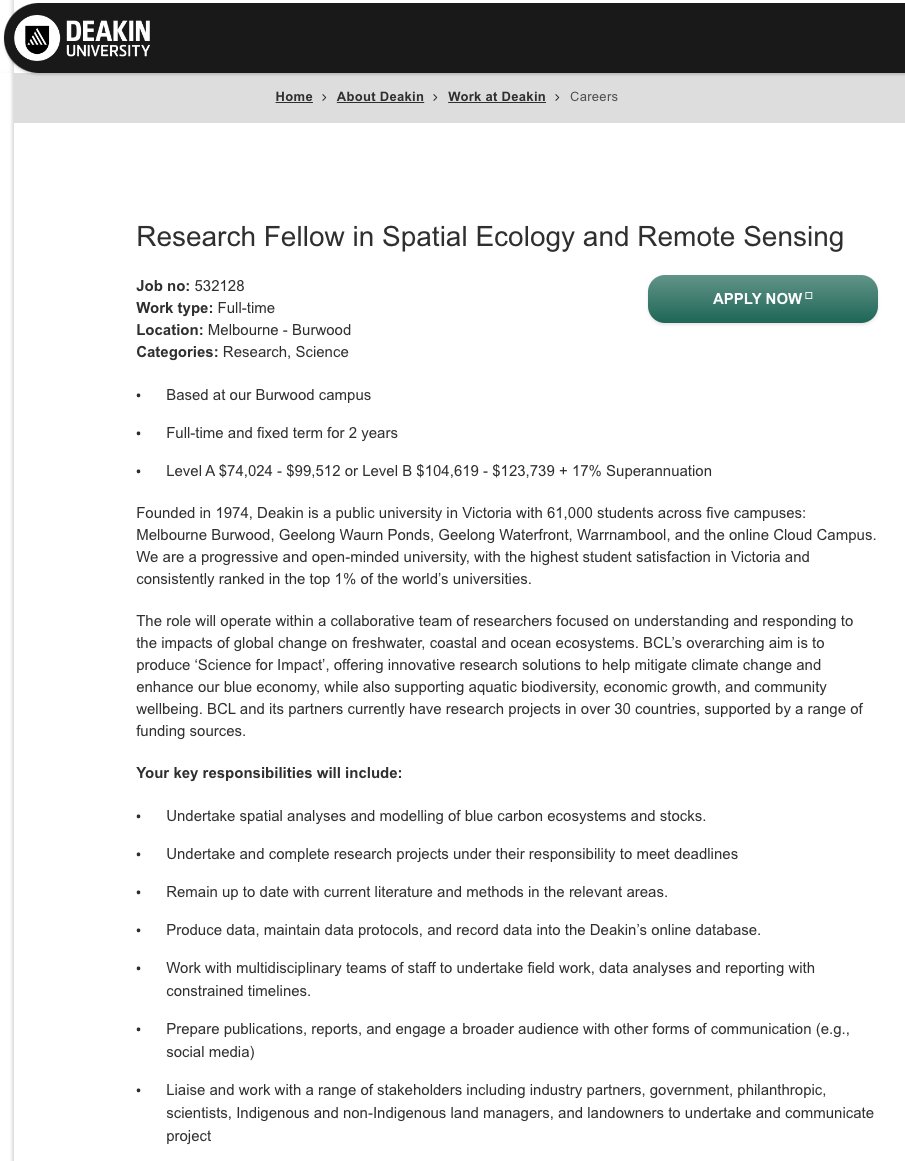 We are looking for a #ResearchFellow in Spatial Ecology and Remote Sensing to join our team <a href="/BlueCarbonLab/">Blue Carbon Lab</a>  (<a href="/Deakin/">Deakin University</a>).
This role involves undertaking spatial analyses and modeling of #bluecarbon ecosystems and stocks.
Apply here: careers.deakin.edu.au/cw/en/job/5321…
#AcademicJobs #postdocjobs