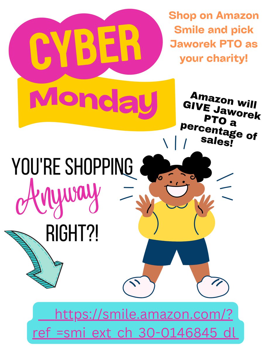 Its Cyber Monday! 🎉 You're shopping anyway right? Why not give back! Shop on Amazon Smile and choose Jaworek! #jaworekelementary #jaworekpto #jaworekptoonamazonsmile