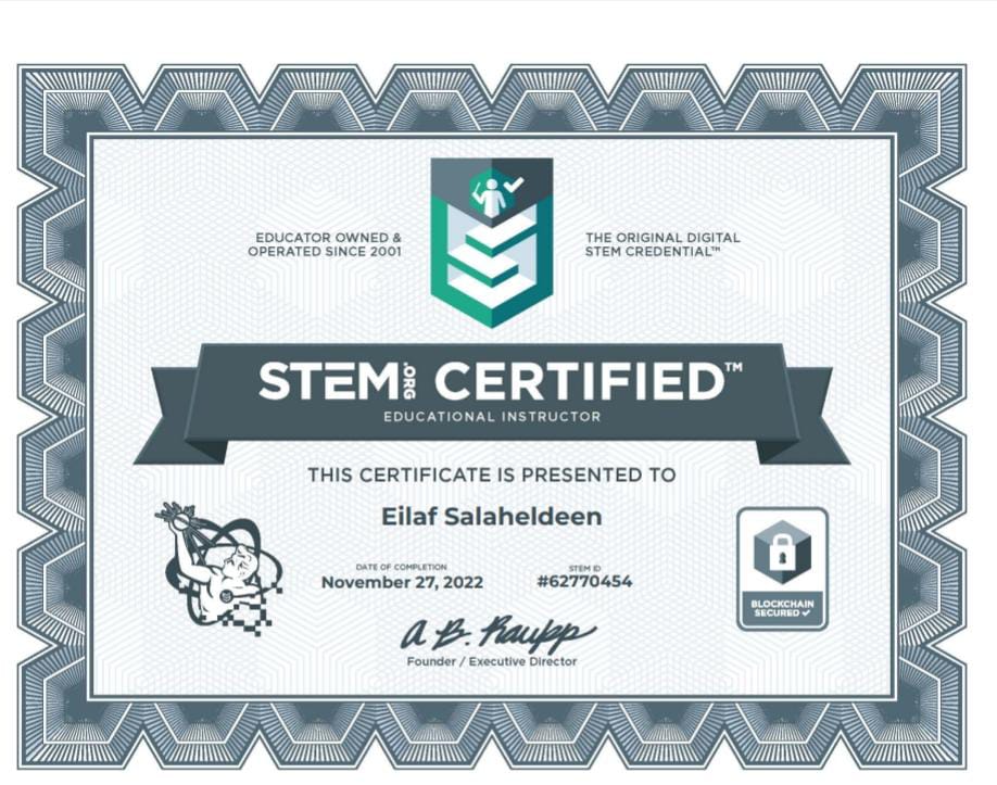 Orientations19's tweet image. We&apos;re very excited to announce that our instructor Eilaf Salaheldeen have obtained a new certification stem.org certified from the first institution in the world in STEM Education @stemdotorg.
Thanks Mr @stemceo

#Orientations #STEMCertified #STEMCertification