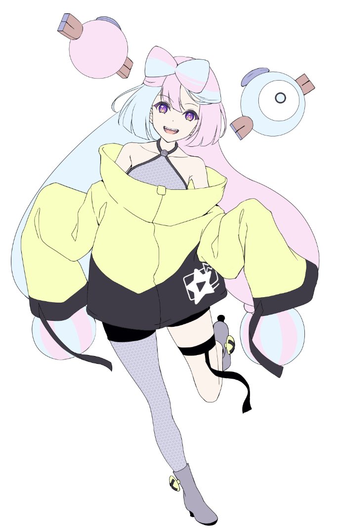 iono (pokemon) 1girl character hair ornament yellow jacket jacket single leg pantyhose long hair sleeves past fingers  illustration images