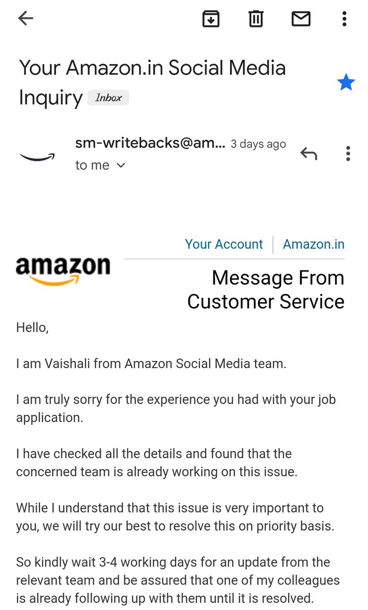 Fox_Lander451's tweet photo. @AmazonHelp This type of response I have received.
But, no solution given by any Social Media Agent. https://t.co/aWlO6kTufV