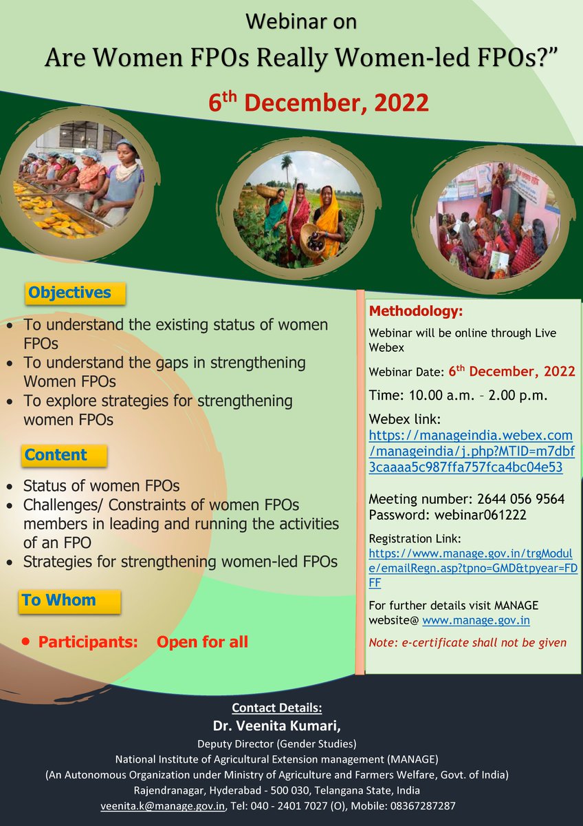 CgaManage's tweet photo. 'Are Women FPOS Really women-led FPOs?". Interested? Attend on 6.12.22.

Registration link: https://t.co/E2nwG6ZUzN...
Webex joining link: 
https://t.co/f418enlayh...
Meeting number: 2644 056 9564
Password: webinar061222
visit https://t.co/TJVQquKx7q

https://t.co/Q8u7j8MxsO https://t.co/gmm2yexACQ