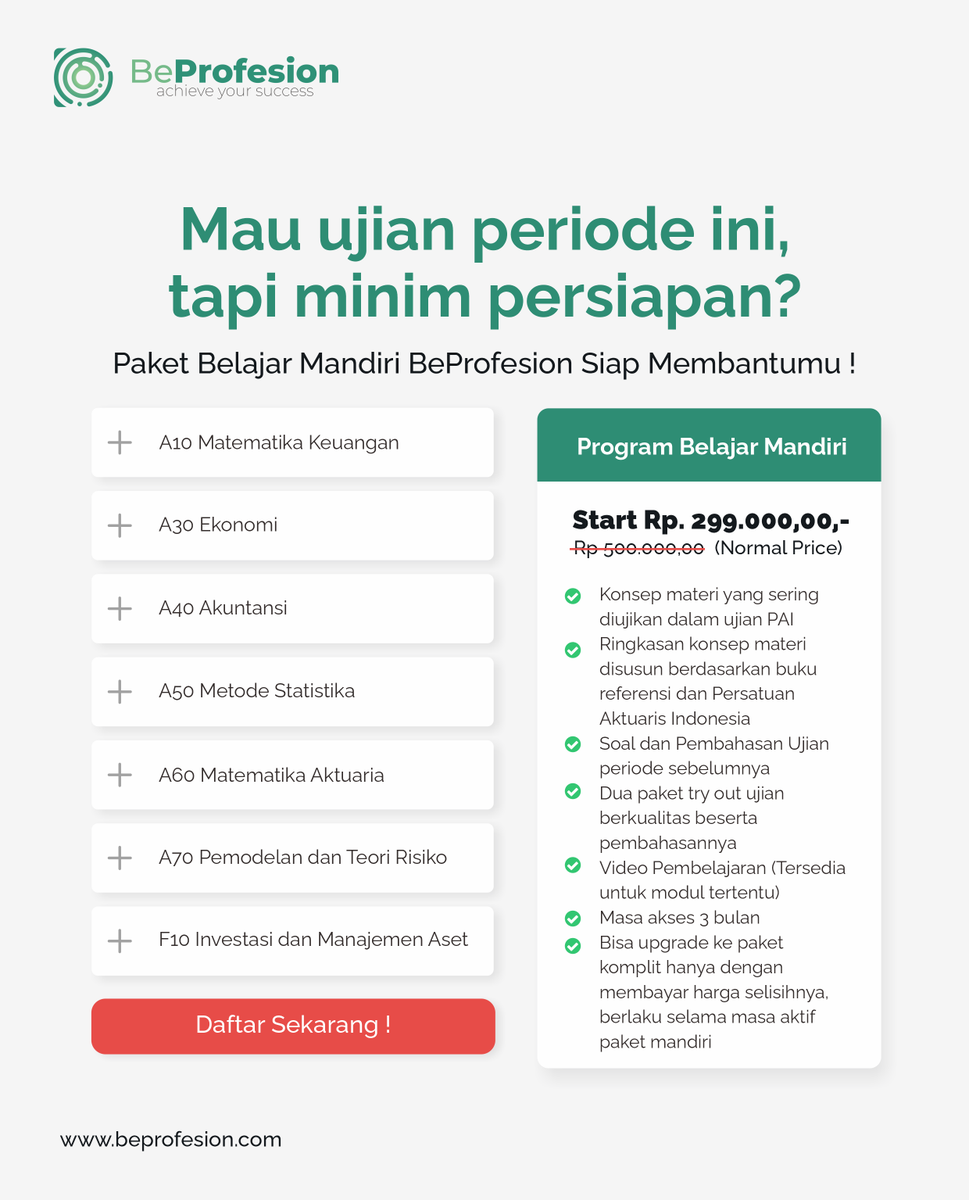 be_profesion's tweet photo. Buat yang mau kebut materi ujian periode ini juga bisa banget loh, beli paket belajar mandiri BeProfesion, selengkapnya cek website kami yaa !
#UjianAktuaris #Aktuaris #KursusAktuaris #KursusUjianAktuaris #Aktuaria #Matematika #Statistika #IlmuAktuaria #PersatuanAktuarisIndonesia https://t.co/nsJkjyTHBy