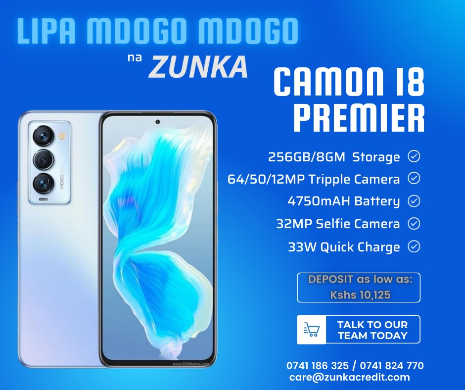ZunkaApp's tweet photo. With 32MP Ultra-clear Front Camera in CAMON 18, your beauty is impeccable, clearer and sharper. Every detail of your charming self will be displayed without a hitch. Get this great device today and enjoy the Lipa Mdogo Mdogo plan by Zunka.
#Zunka
#camon18premier
#lipamdogomdogo https://t.co/Ae346hXPXt