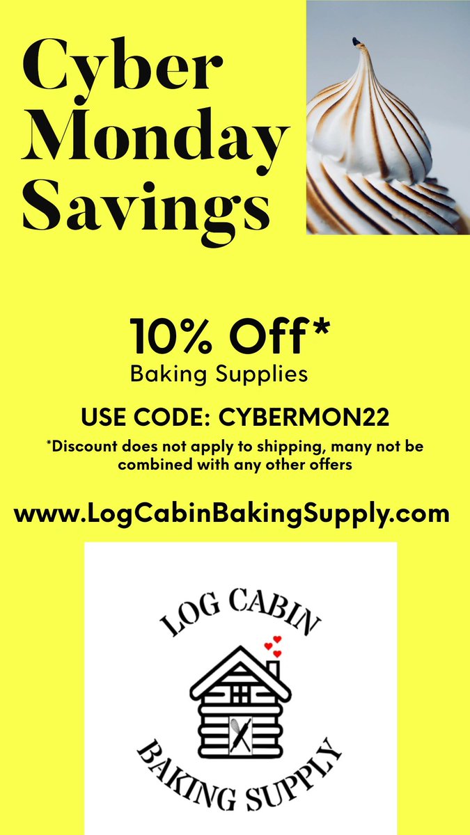 BakingLog's tweet photo. VALID 11/28/2022 EST ONLY
#cybermonday #cybermondaydeals #logcabinbakingsupply #shopsmall #shoponline #onlineshopping #cyberdeals #onlinedeals #bakingsupplies #supportsmall #smallbusiness #shopsmallbusiness #cybermondaysale #cybermonday2022 #cybermondaydeal https://t.co/MLYNc8L53X