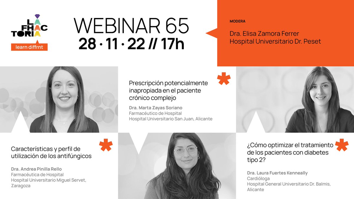 ✍️Todavía puedes inscribirse en el webinar de esta tarde en #LaFHactoria 

👩‍⚕️Dra. <a href="/andreeapini/">AndreaPini</a> 
🏥Hospital Miguel Servet

👩‍⚕️Dra. Marta Zayas
🏥 <a href="/GVAsaludstjoan/">GVASalud SantJoanAlacant</a> 

👩‍⚕️<a href="/LauraFuertesKen/">Laura Fuertes Kenneally</a> 
🏥<a href="/GVAsalualicante/">GVADptoSaludAlicante</a> 

Modera: <a href="/Elisa_Zam_Ferr/">Elisa Zamora Ferrer</a> 
⏩ bit.ly/3U02a1r️ 
#FarmaciaHospitalaria