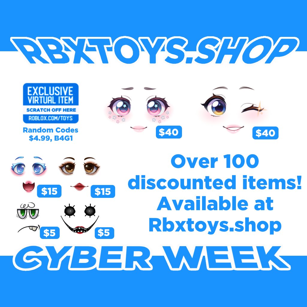 Rbxtoys.shop on X: Over 100 #RobloxToys codes are available with ⚡️instant  digital delivery at  Choose from popular #Roblox  faces, like the Sparkling's Friendly Wink, tons of accessories, bundles,  and more! Check