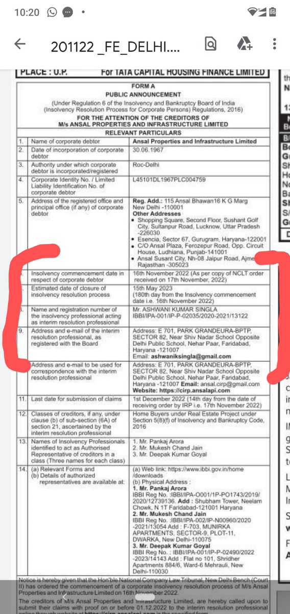 Rohverma's tweet photo. Glad to announce that *CIRP* process has been initiated and each and evey individual who have invested in Ansal fernhill -sec 91 , should have to file the claim irrespective of whether they are part of association &amp; nclt or not.#Gurgram #ansal #aajtak #Haryana https://t.co/nDzR0a0HuS