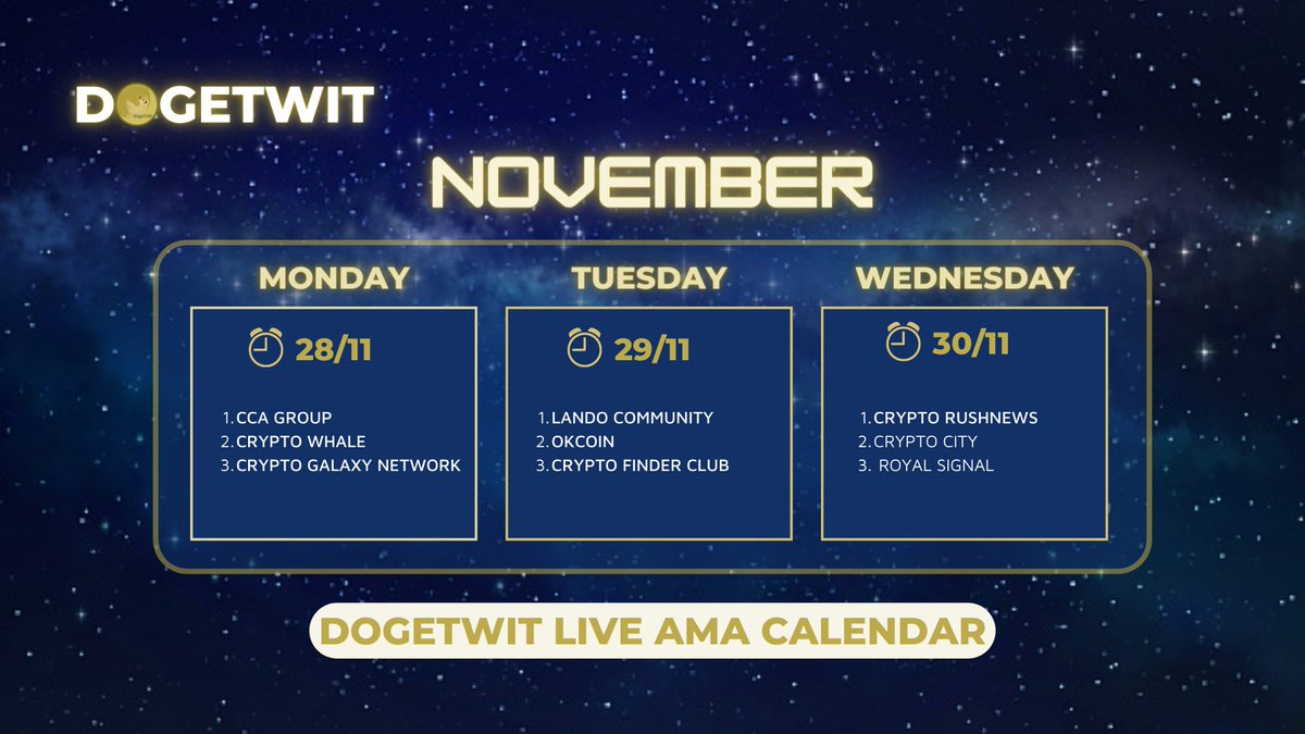 DogeTwit_verse's tweet photo. 📅 DOGETWIT LIVE AMA CALENDAR

💥💥💥The dynamic November ended with exciting news from DogeTwit. Are you ready to join us?

#DogeTwit #ToTheMoon #DTW #AMA https://t.co/Lrk6GYNjCT