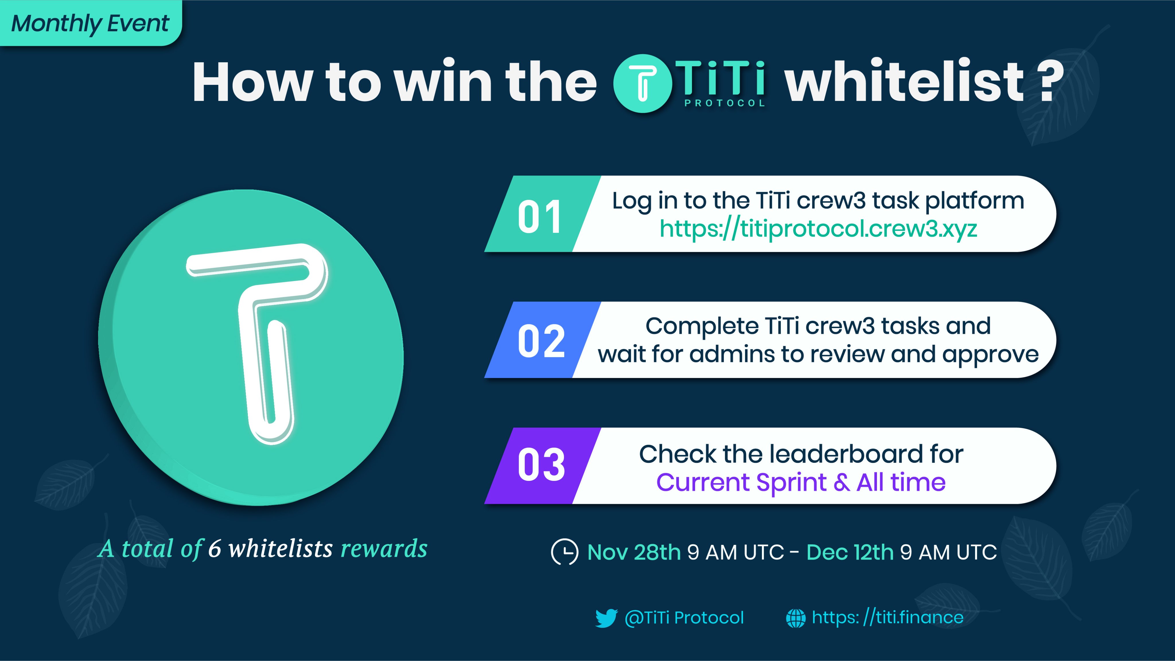 TiTiProtocol  live on Base now on X: 🏅TiTiProtocol #WhiteList Sprint  Round 2 is live now❗ 🏆 A total of 6⃣ whitelists rewards👀 How to win the  TiTi Whitelist❓ ✓ To Enter