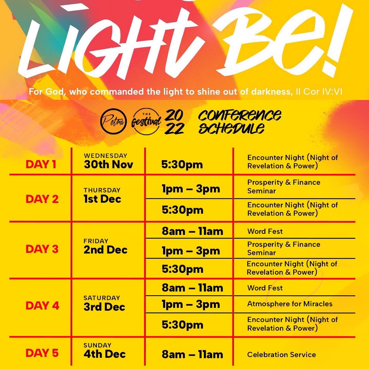 petraccglobal's tweet photo. 5 Days of Divine Encounters with God!
Every session is specially orchestrated by God to bring you into your divine inheritance.
βββββββββ
The Festival 2022
Light Be!!!
Wed, Nov 30th - Sun, Dec 4th
5:30pm (Wed);
8am/5:30pm (Thurs-Sat);
8am (Sun).
#TheFestival2022 #LightBe https://t.co/tO9It4WkA2