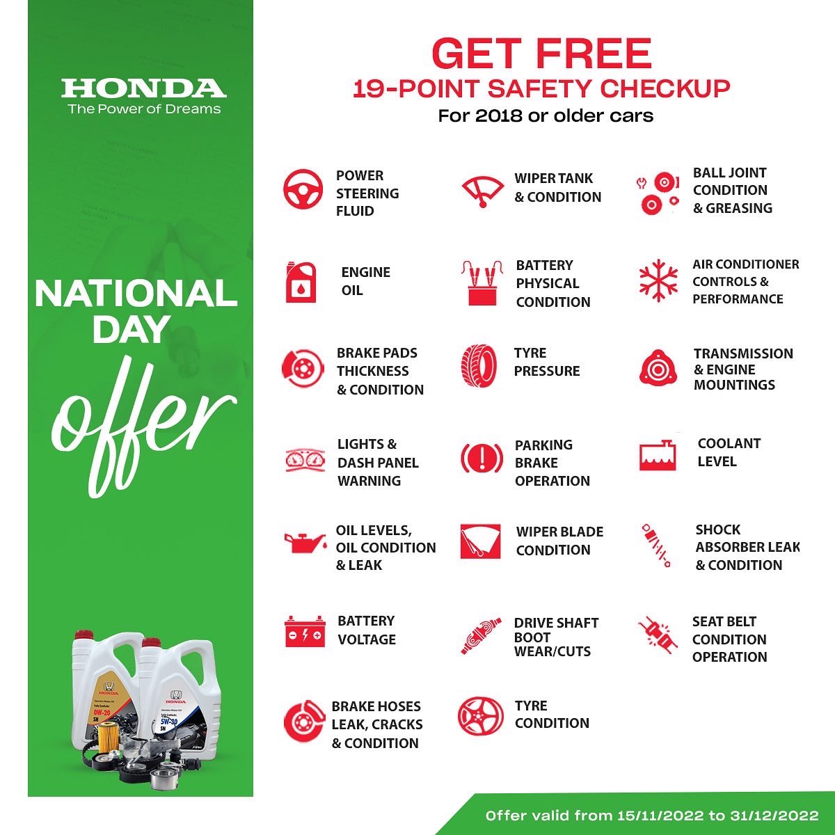 Honda_Om's tweet photo. Take advantage of this National Day offer. 

Book your appointment here: https://t.co/o7CLp1mNZt or call 24665741

Valid till 31st Dec 2022 https://t.co/VxFGUgU7aM
