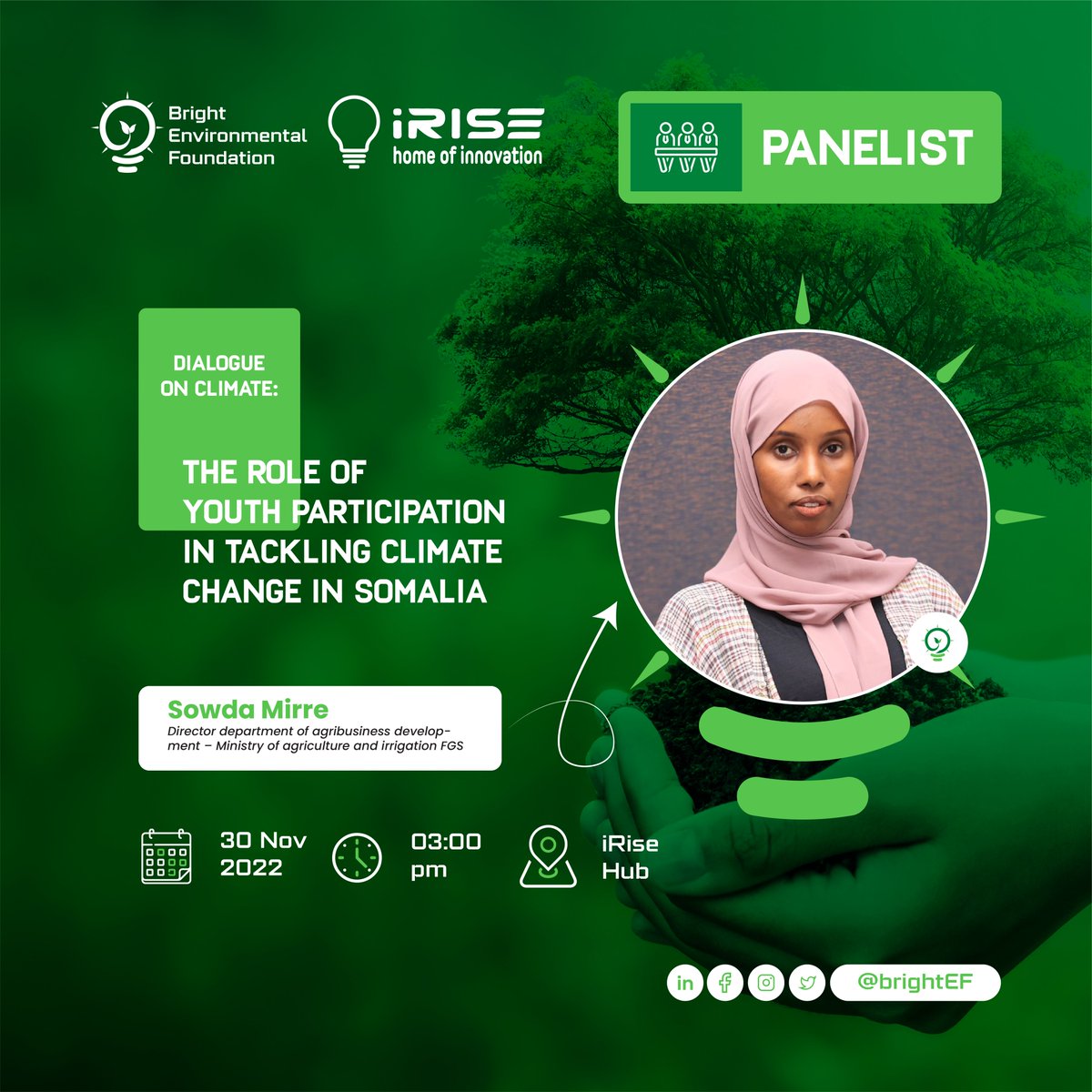 BrightEFoun's tweet photo. Meet @MireSowda  the Director of Agribusiness Development at @MOAI_Somalia . She is one of our guests for the panel discussion on youth participation in climate action.
Apply here to participate https://t.co/ysj8pGcgyX https://t.co/HgZVRPOSCL