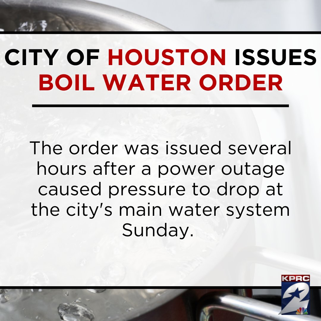 KPRC2's tweet photo. A boil water order was issued Sunday for Houston and additional communities that receive water from the city's supply. Mayor Turner's office tweeted it could be Monday night or Tuesday morning before the order is lifted.