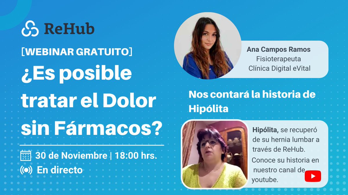 La telerehabilitación es clave para que las personas con #dolorcrónico se sientan mejor y más motivadas en cada paso de su rehabilitación.
Hipólita, se recuperó de su hernia con ReHub.
eu1.hubs.ly/H02fzGP0
Nos lo cuenta su  fisioterapeuta Ana Campos el 30 noviembre 6.00 pm
