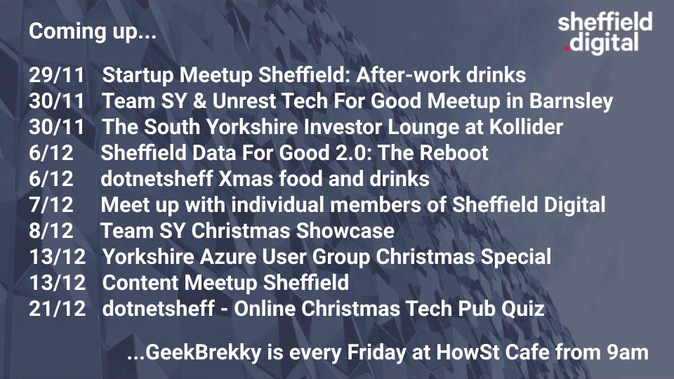 RT SHFDigital "Have a browse at these meetups and events coming up in the region, full details here: sheffield.digital/events/

Any events we're missing? You can add them <a href="/OpenTechCal/">Open Tech Calendar</a> or send us the details.

Please share to spread the word, thank you! "