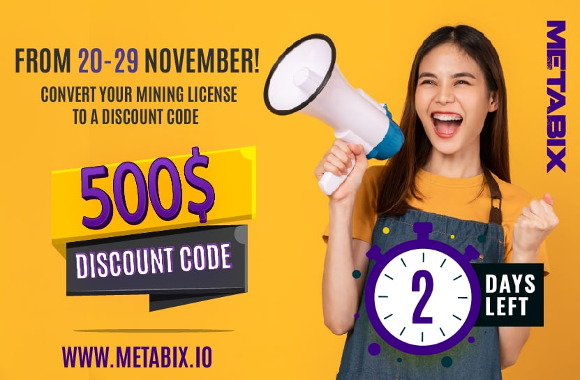 bixbcoingroup's tweet photo. You only have 2 days!
Hurry up!
convert your mining license to a discount code and use it to buy your dream land on Metabix Island!
From 20-29 November you can get a 500$ discount! 
you can convert it here in the link below: 
https://t.co/OxbkvKXOks
#Bixb #Metaverse #Metabix https://t.co/ixxFzGSh9X