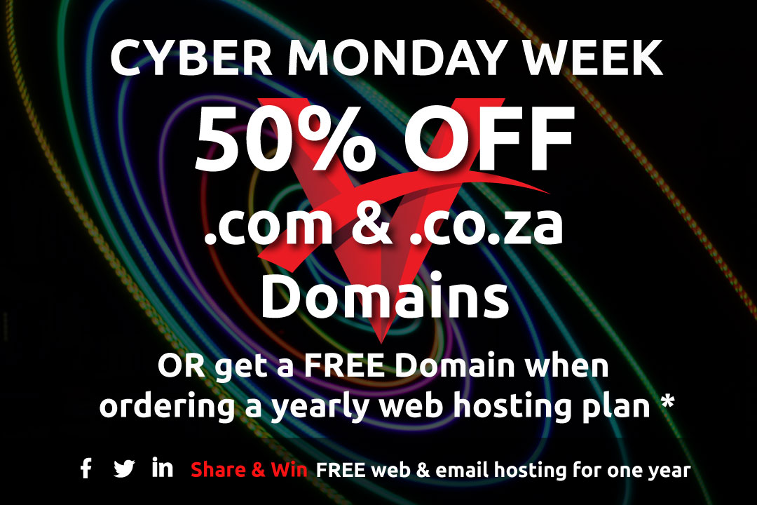 vanderhosting's tweet photo. We are giving you a whopping 50% off .co.za &amp; .com domains for the entire Cyber Monday week!

Learn more: https://t.co/mjHoKMBNJe

🏆 COMPETITION: Retweet this post, and you can win FREE web hosting for one year! 
.
.
.
#CyberMonday #domains #hosting #webhosting #competition https://t.co/ELesqYfEFG