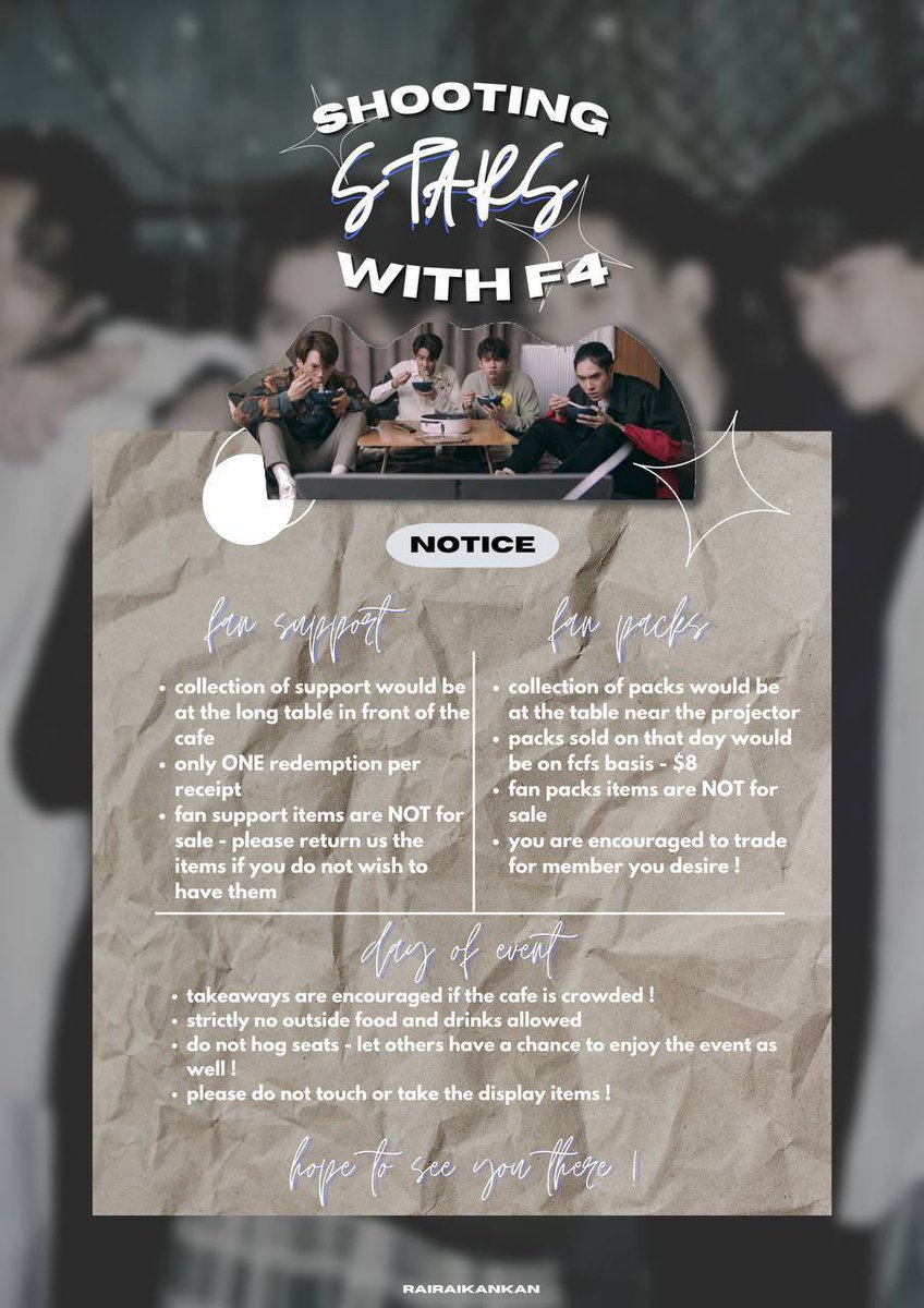 rairaikankan's tweet photo. 🌌Shooting Stars With F4💫
telegram:https://t.co/1s75TuPwQY

a #F4Thailand fancafé event
📆 17 Dec 2022
🕰️ 12pm-8pm
📍 @klandcafe 

do take note of the notice, fansupport sets details and colour theme!

we hope to see you there💙
#ShootingStarswithF4 #brightwin https://t.co/AU1ZNYa78U